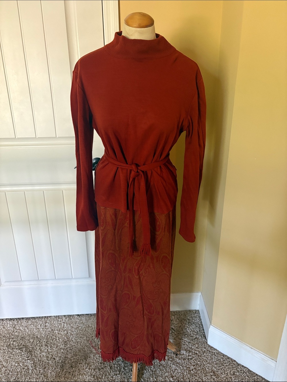 Rust Long-Sleeve Tie-Waist Maxi Dress